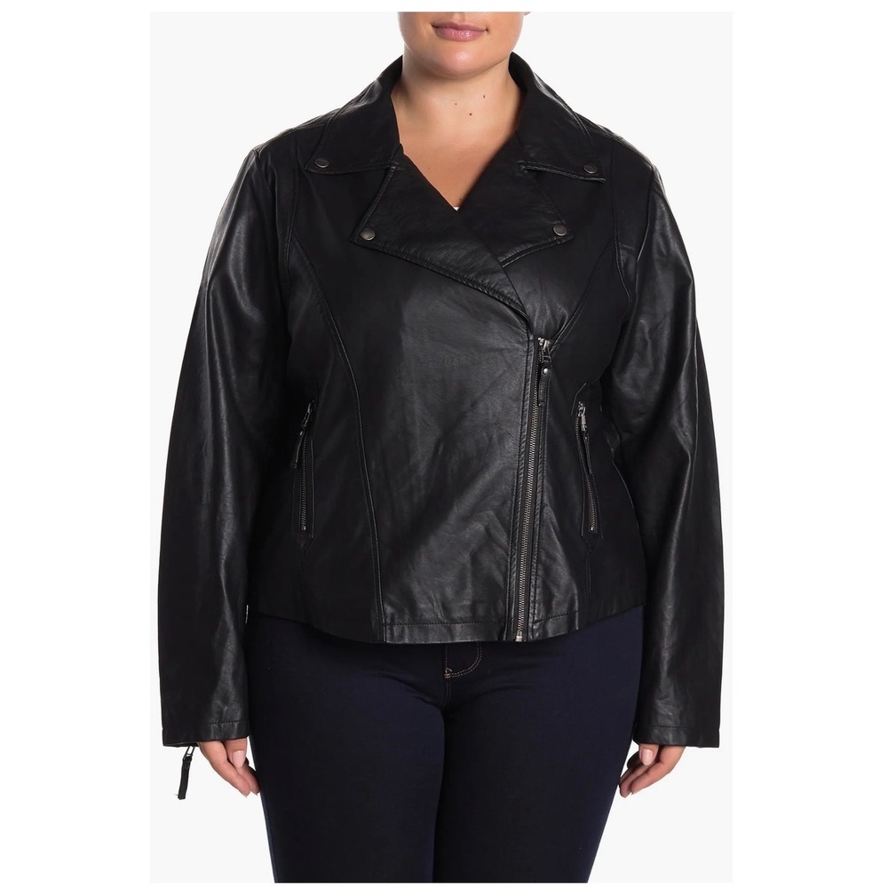 Max Studio London Moto Jacket Womens 1X Black New Faux Leather Biker 6W10L23